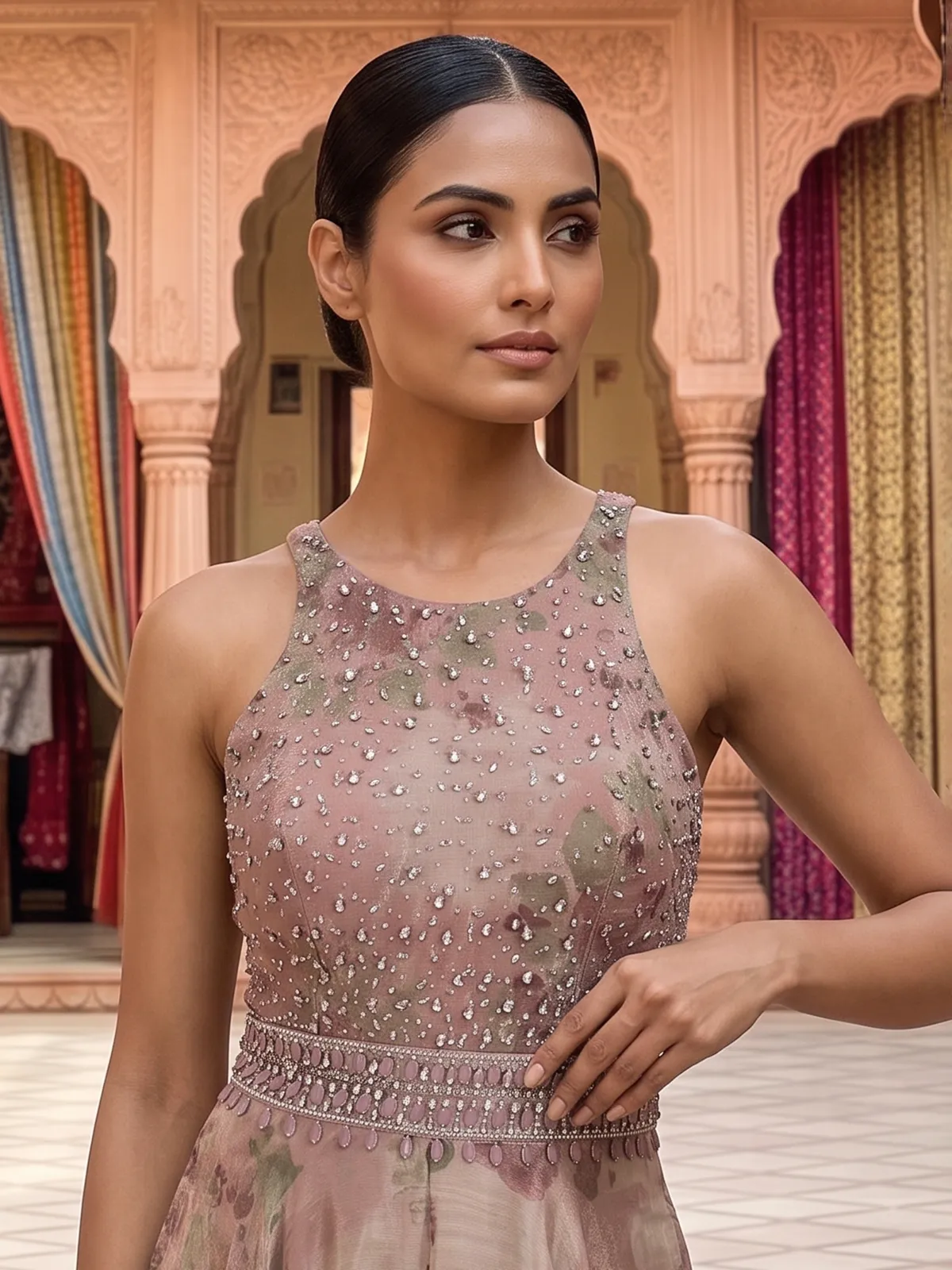 Lilac printed chiffon georgette designer for festive occasions
