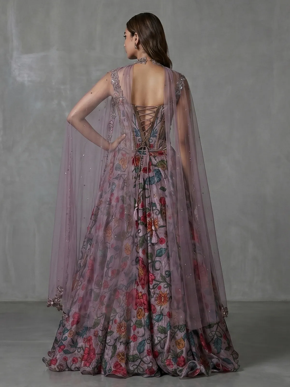 Lilac purple designer printed lehenga choli with sleeveless