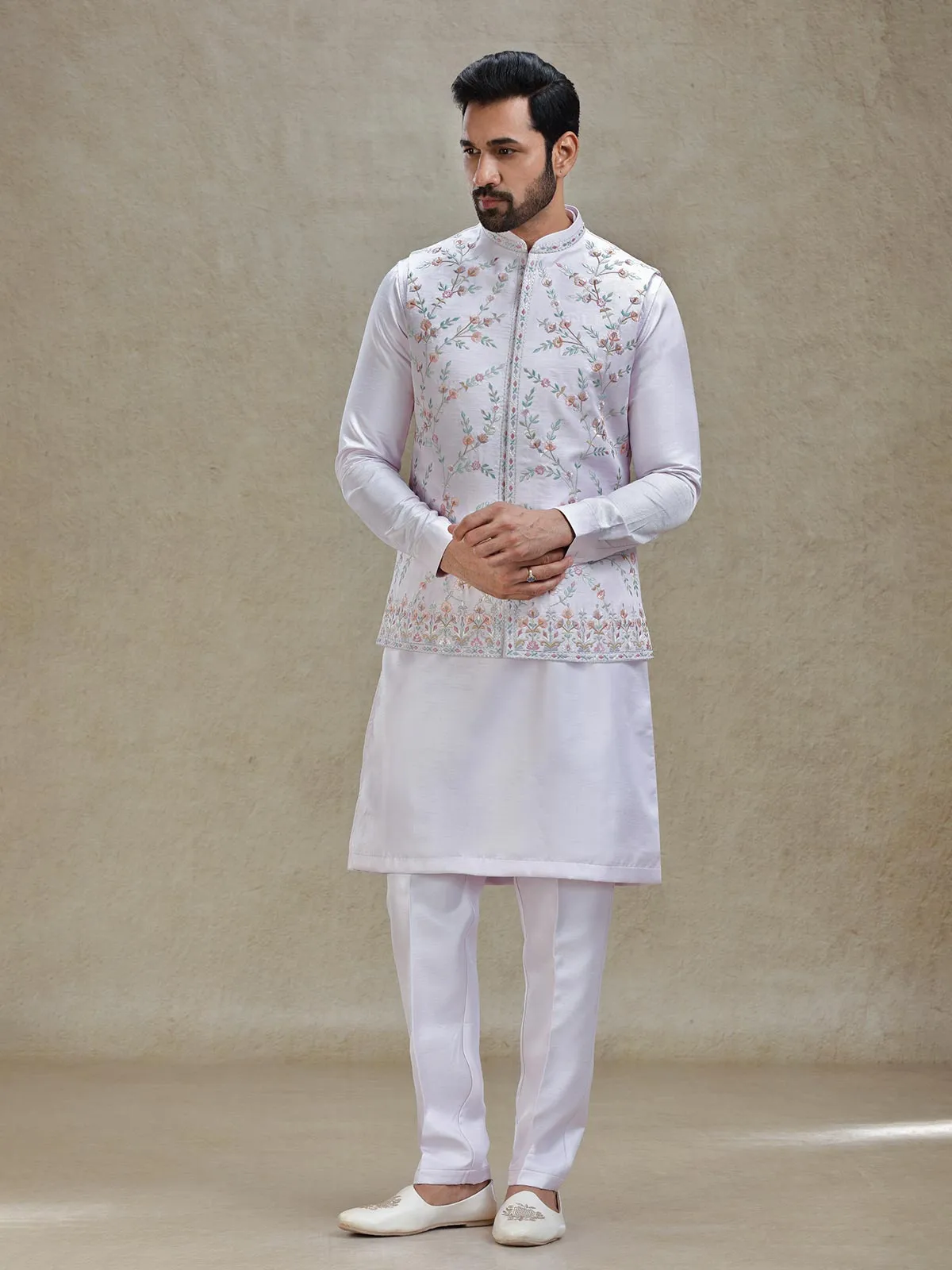 Lilac purple kurta jacket set in colorful resham and embroidery