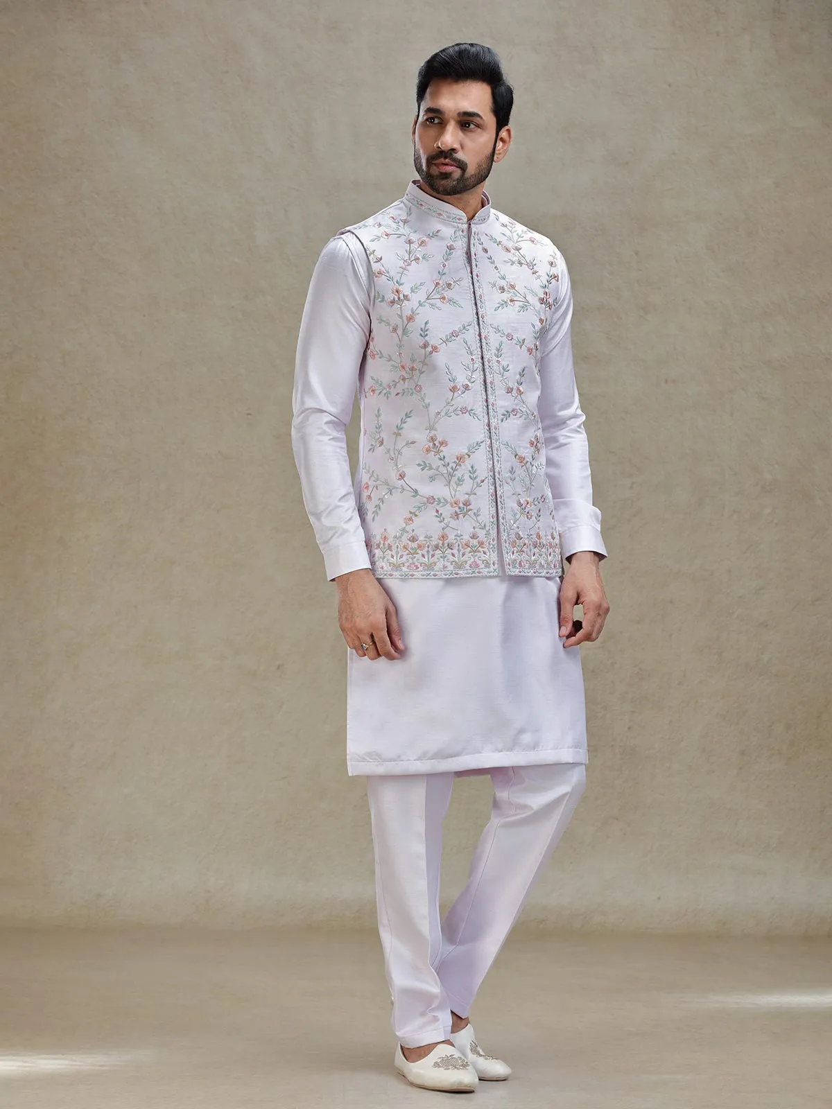 Lilac purple kurta jacket set in colorful resham and embroidery