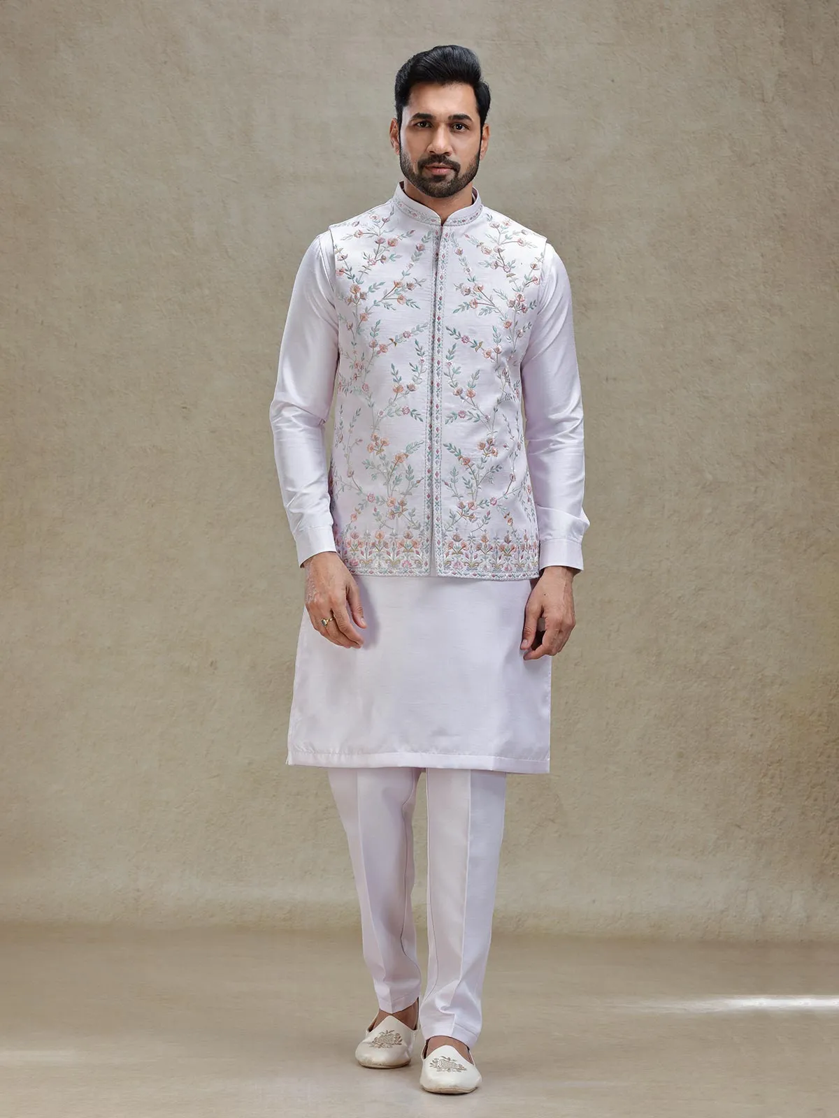 Lilac purple kurta jacket set in colorful resham and embroidery