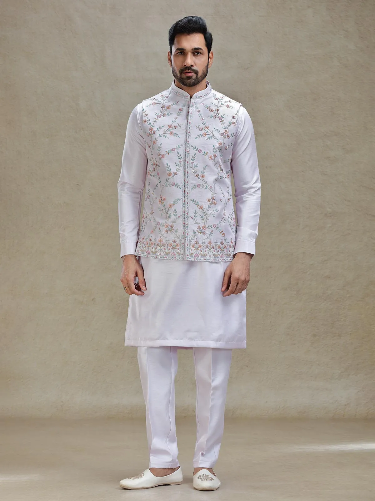 Lilac purple kurta jacket set in colorful resham and embroidery