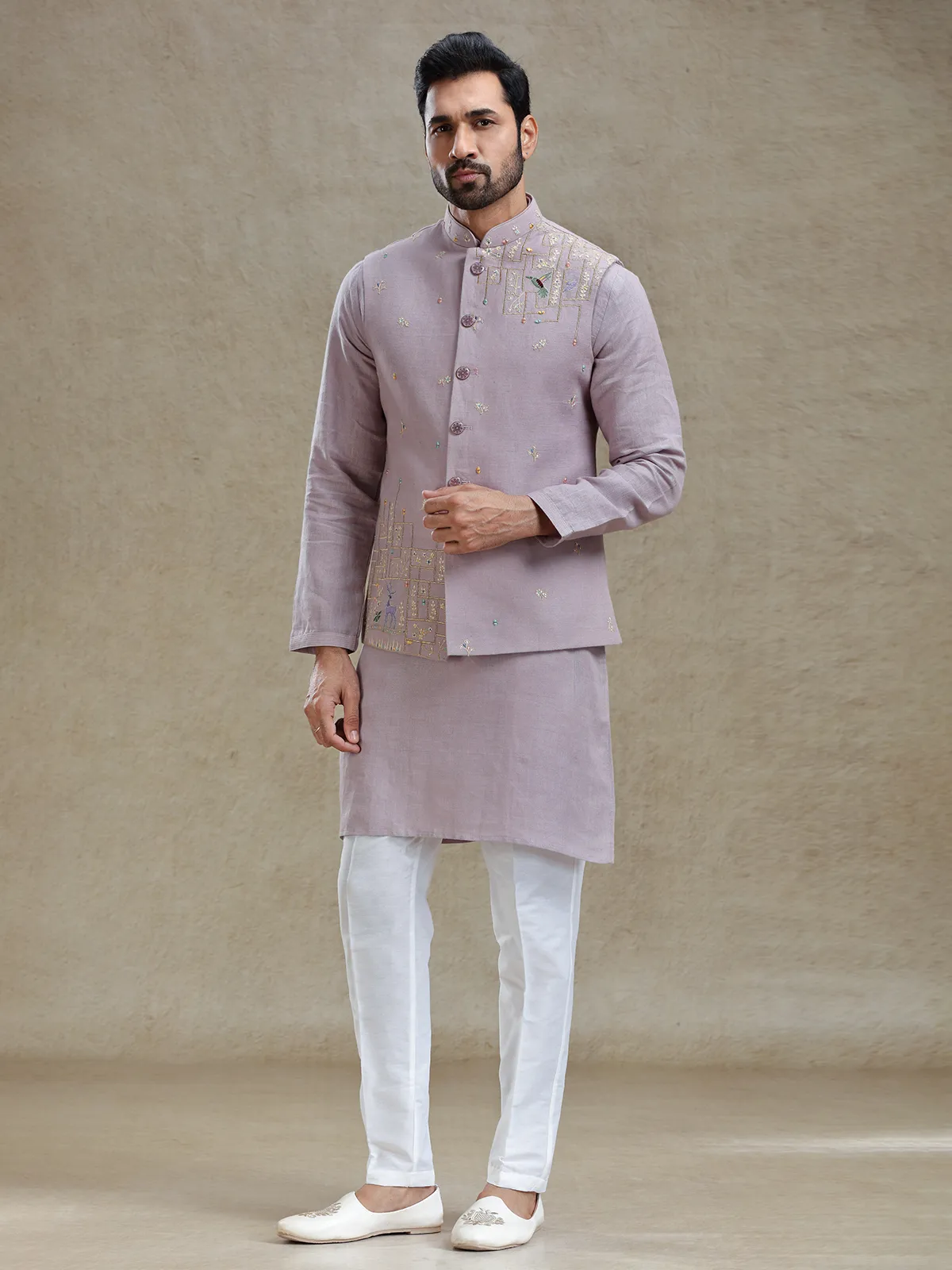 Lilac purple linen kurta jacket set in mirror work