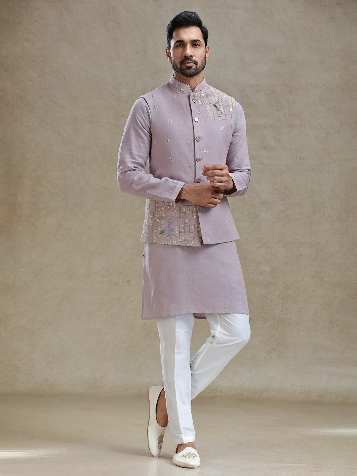 Lilac purple linen kurta jacket set in mirror work