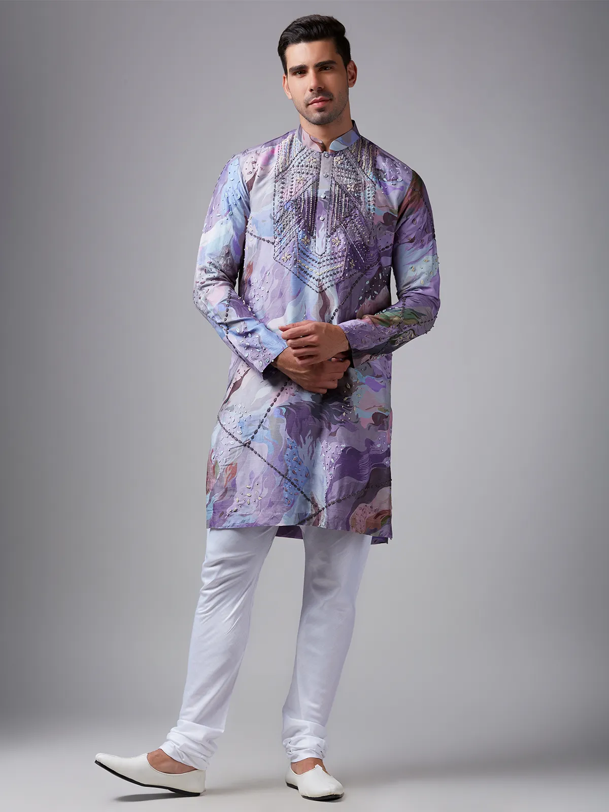 Lilac purple printed silk  Men Kurta pajama for festive