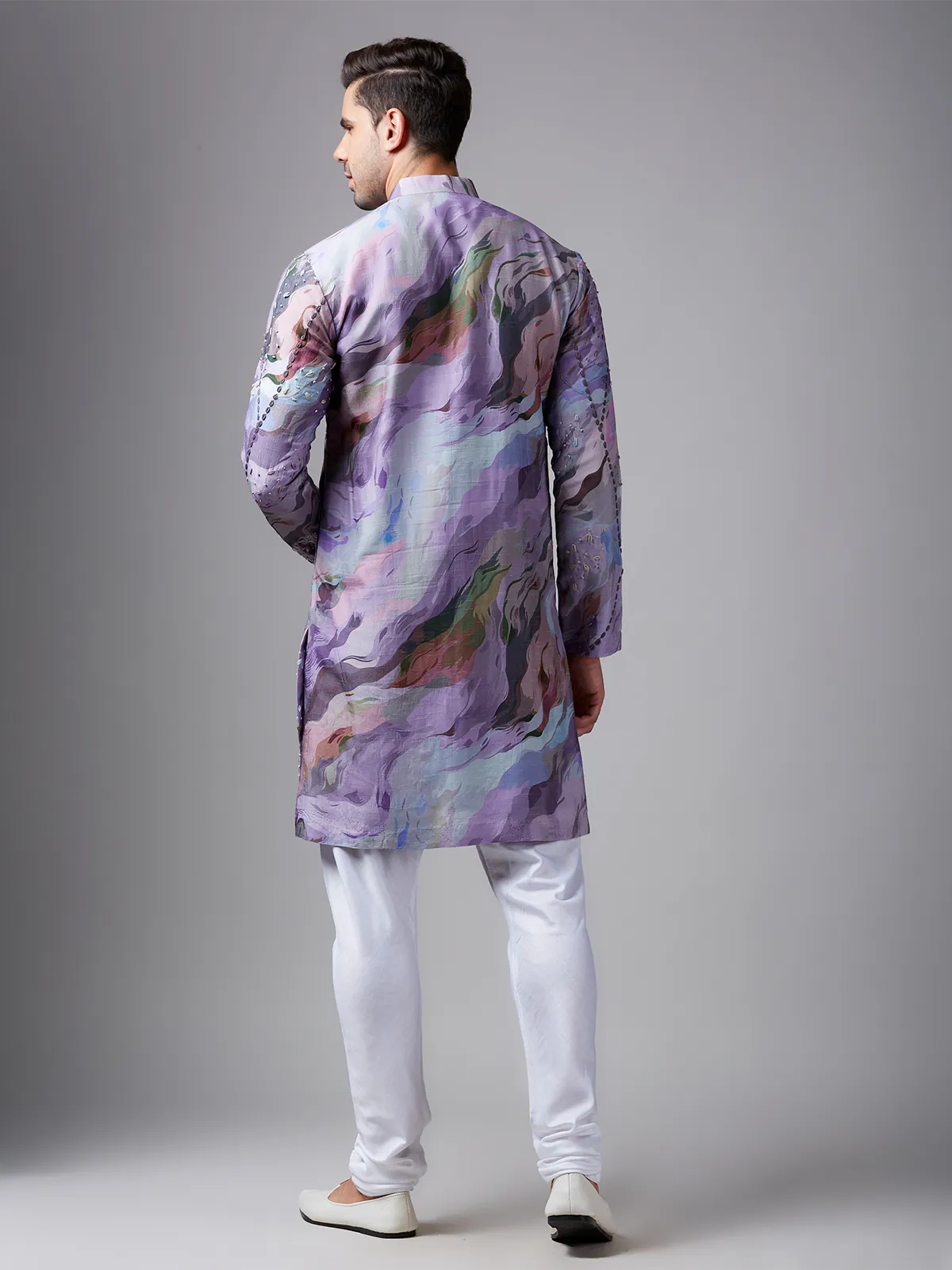 Lilac purple printed silk  Men Kurta pajama for festive
