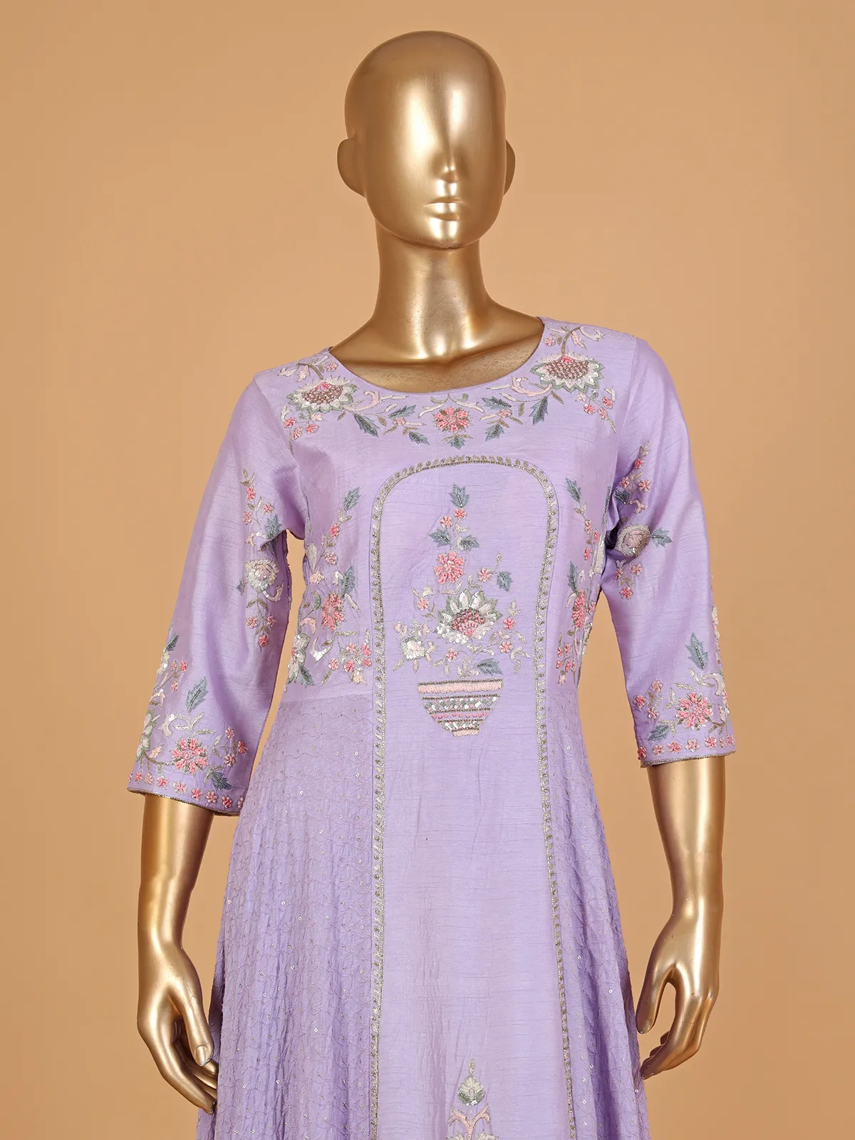 Lilac purple raw silk floor-length suit