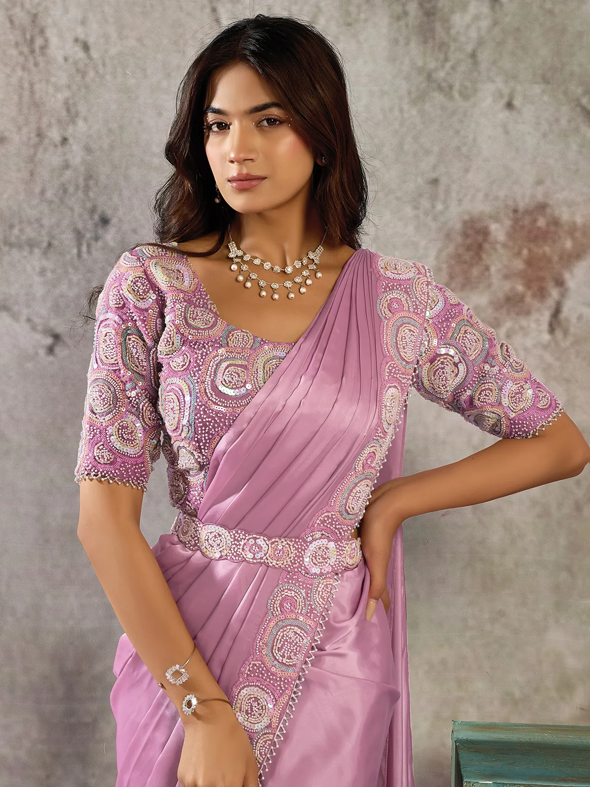 Lilac purple satin saree with designer belt grace