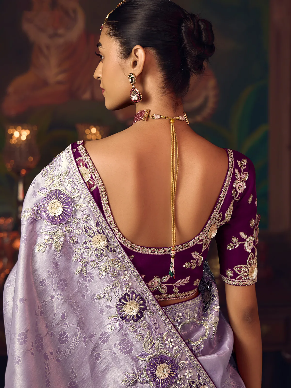 Lilac purple silk embroidered festive saree