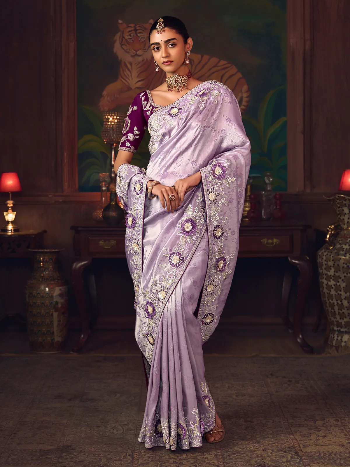 Lilac purple silk embroidered festive saree