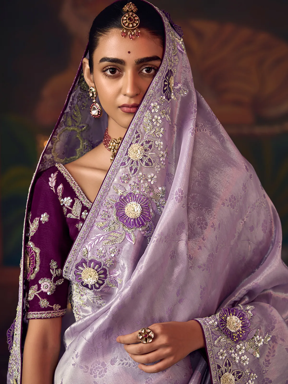 Lilac purple silk embroidered festive saree