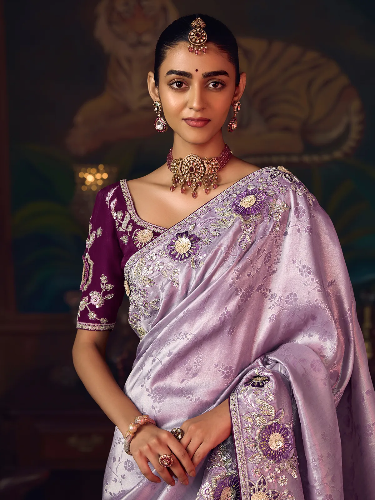 Lilac purple silk embroidered festive saree