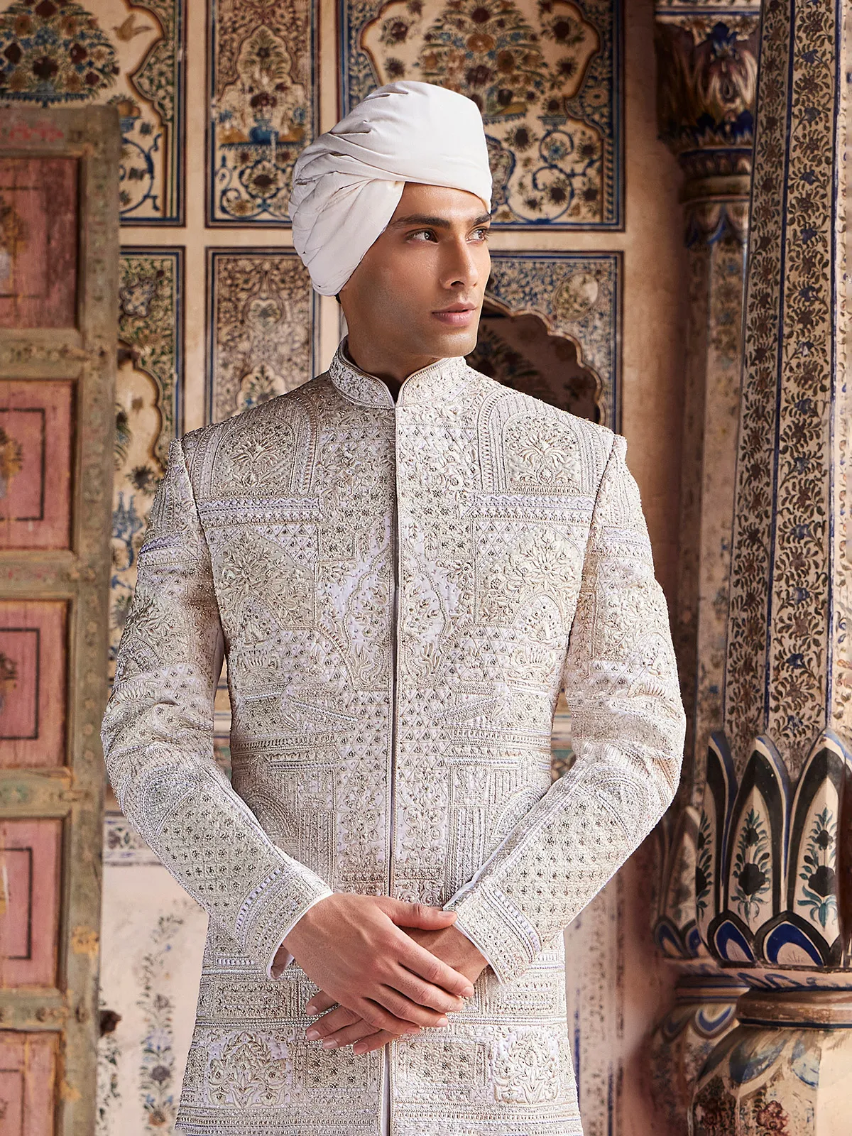 Lilac purple silk groom sherwani