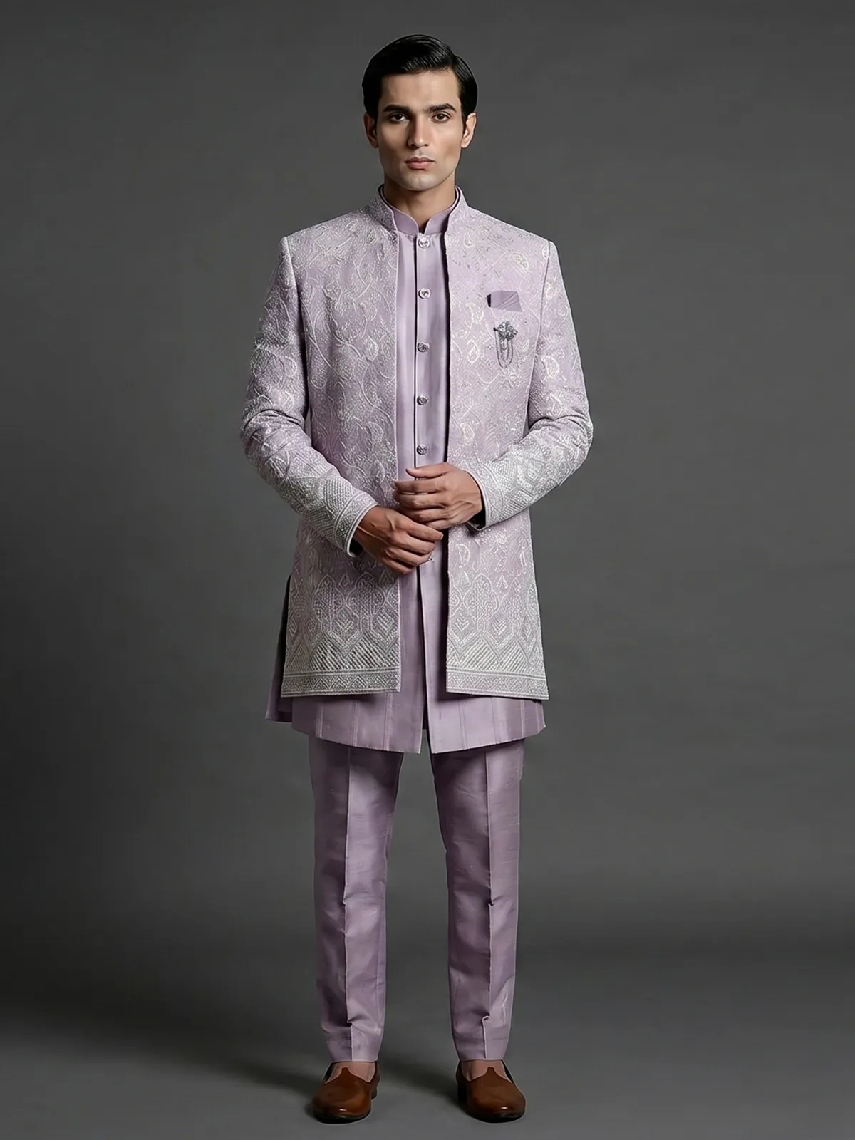 Lilac purple silk indowestern set with brooch detail