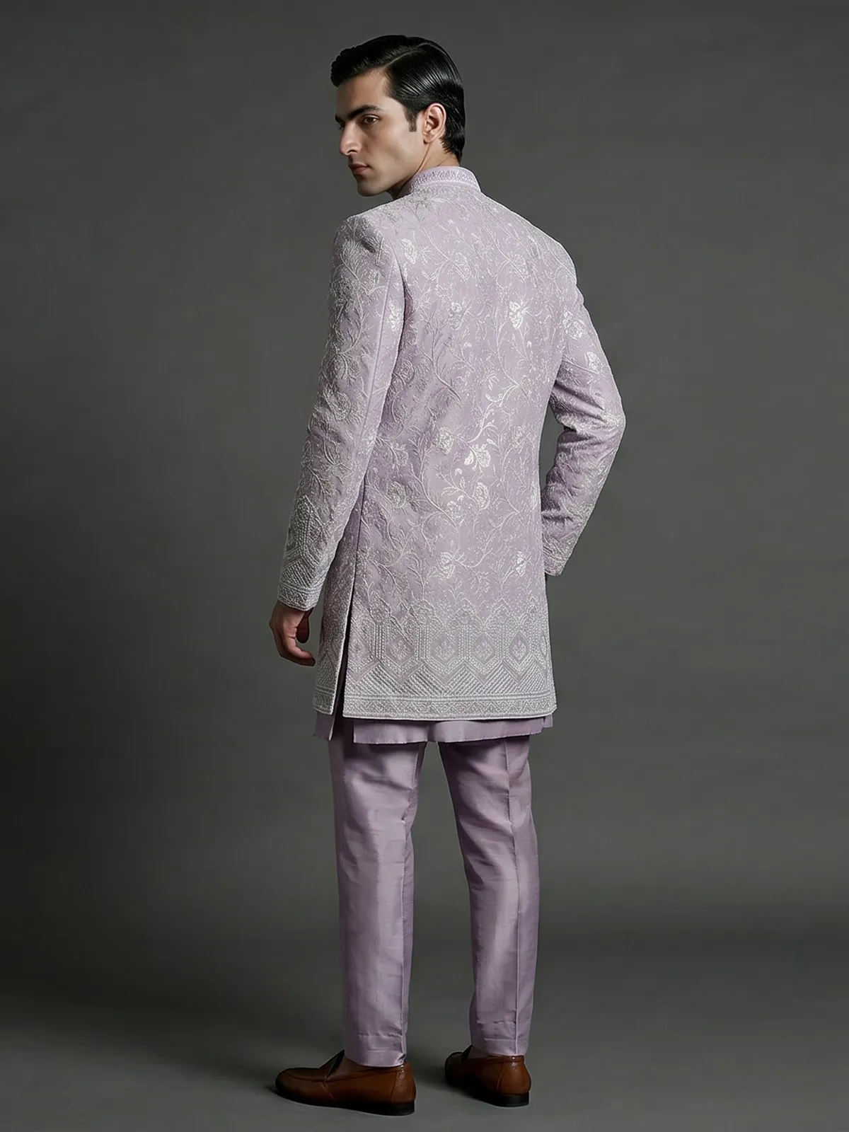 Lilac purple silk indowestern set with brooch detail