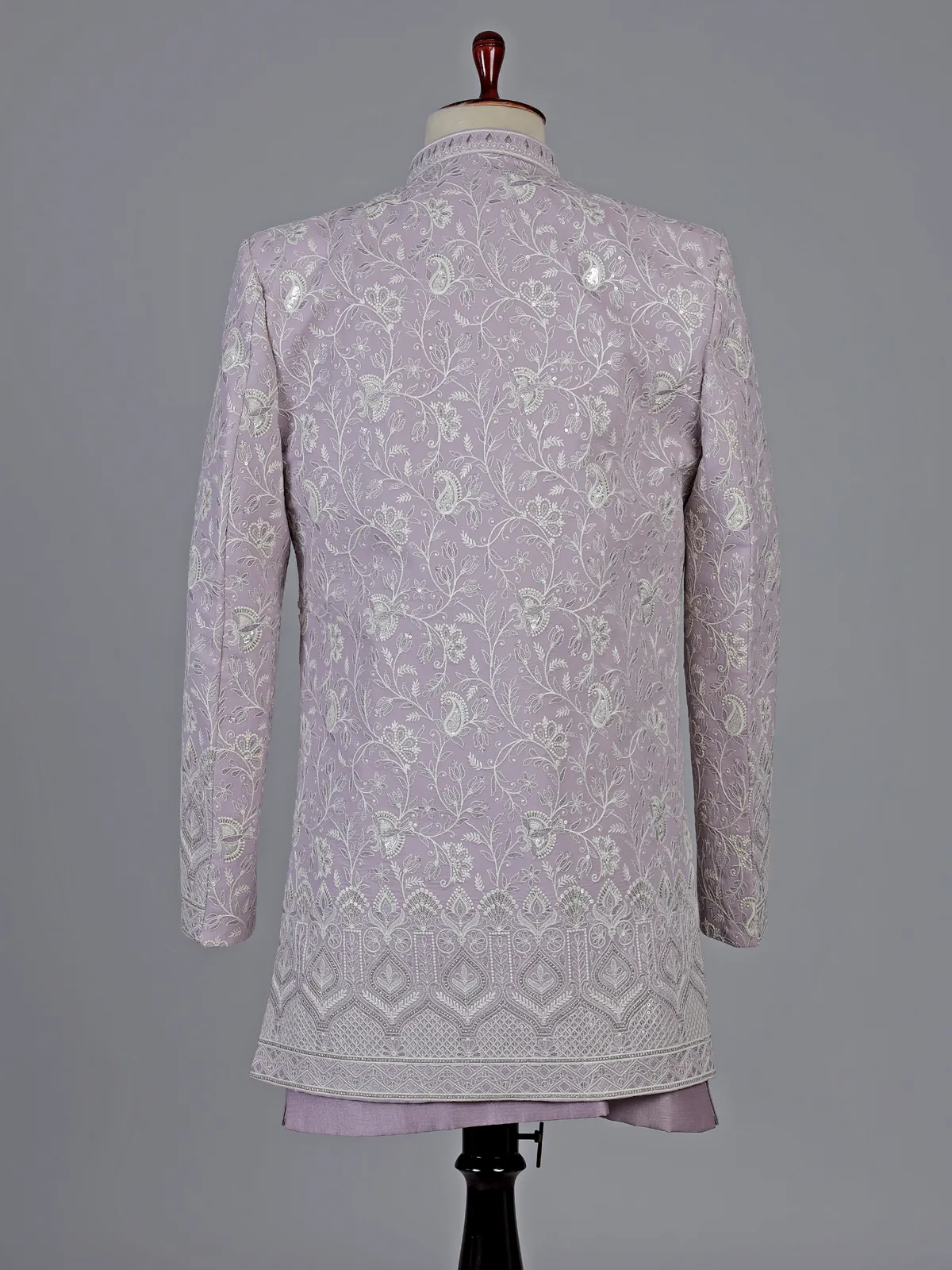 Lilac purple silk indowestern set with brooch detail