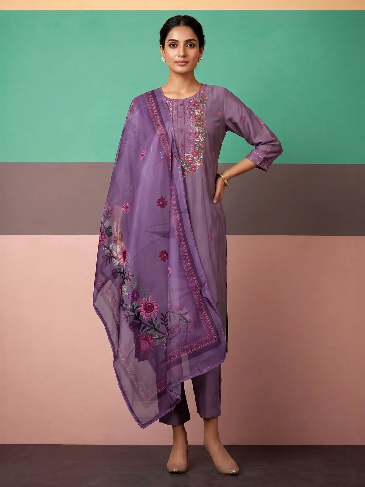 Lilac purple silk straight cut festive kurti set