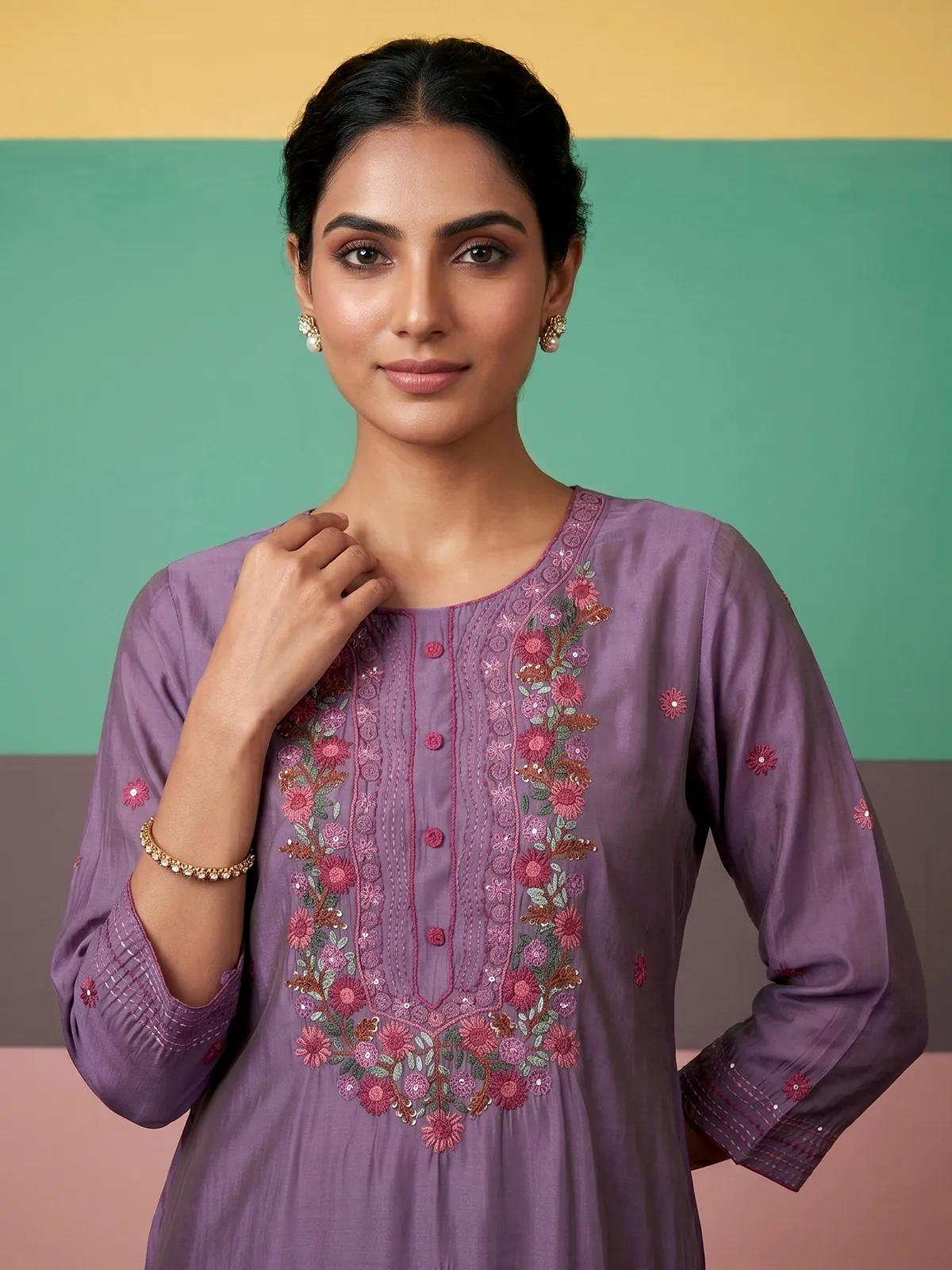 Lilac purple silk straight cut festive kurti set