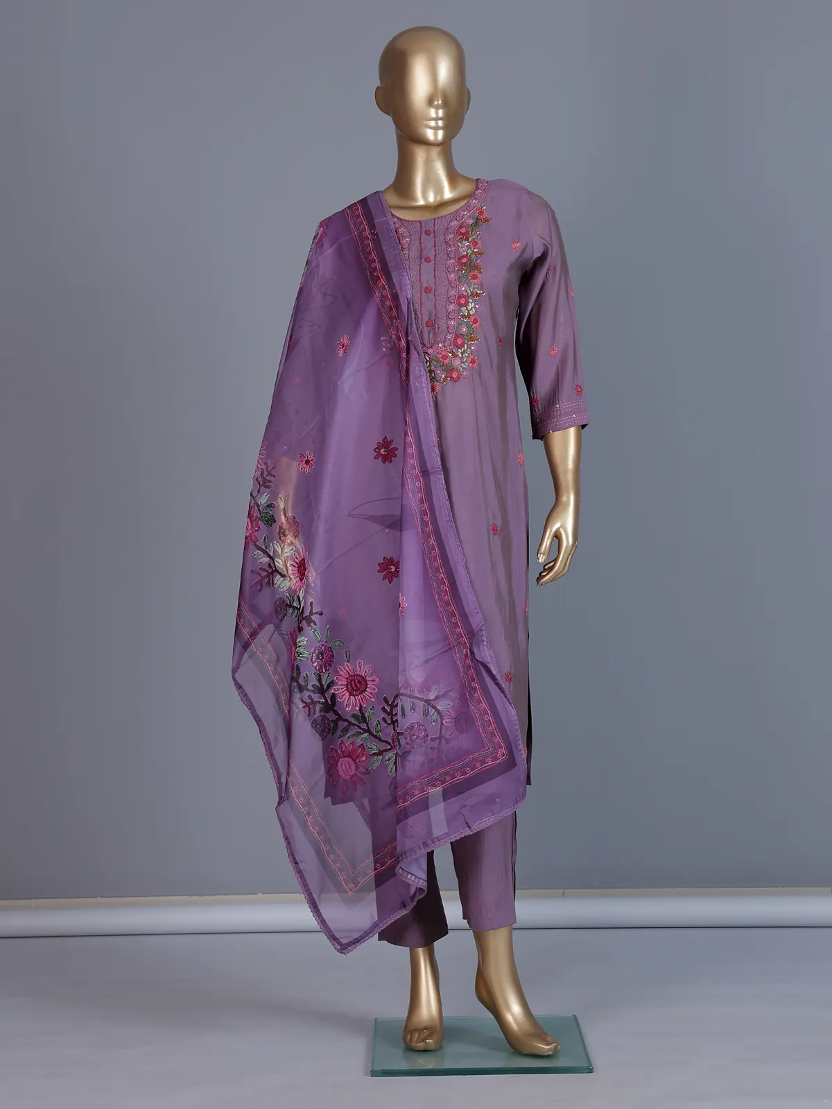 Lilac purple silk straight cut festive kurti set