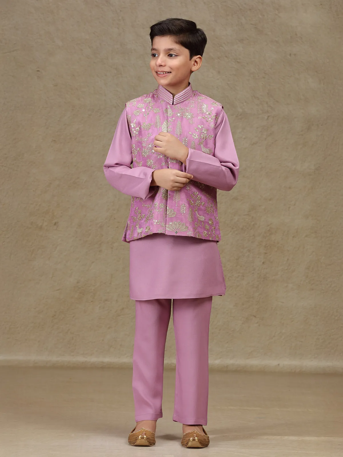 Lilac purple silk waistcoat set for boys