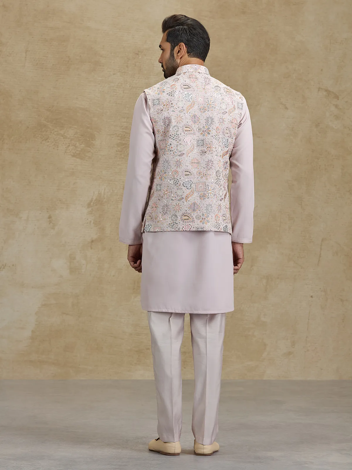 Lilac purple silk waistcoat set with thread and sequins work