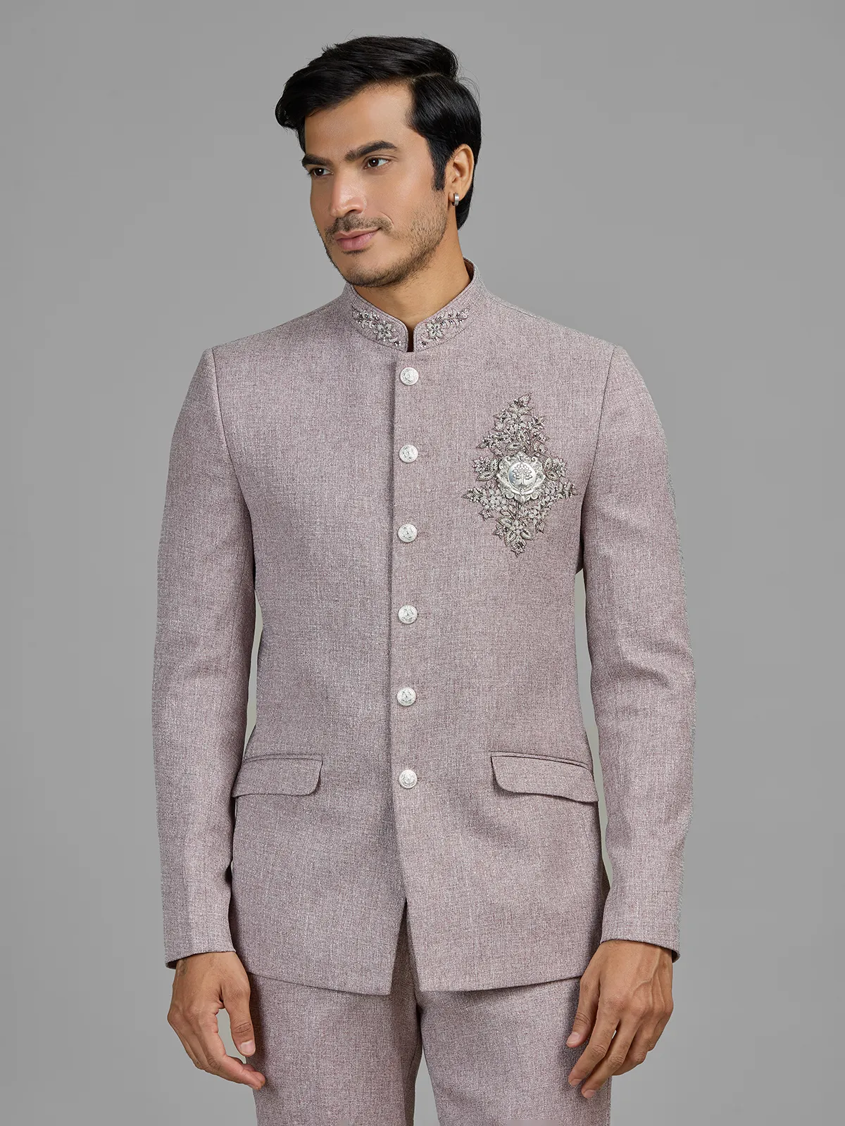 Lilac purple terry rayon jodhpuri suit with embellished crest