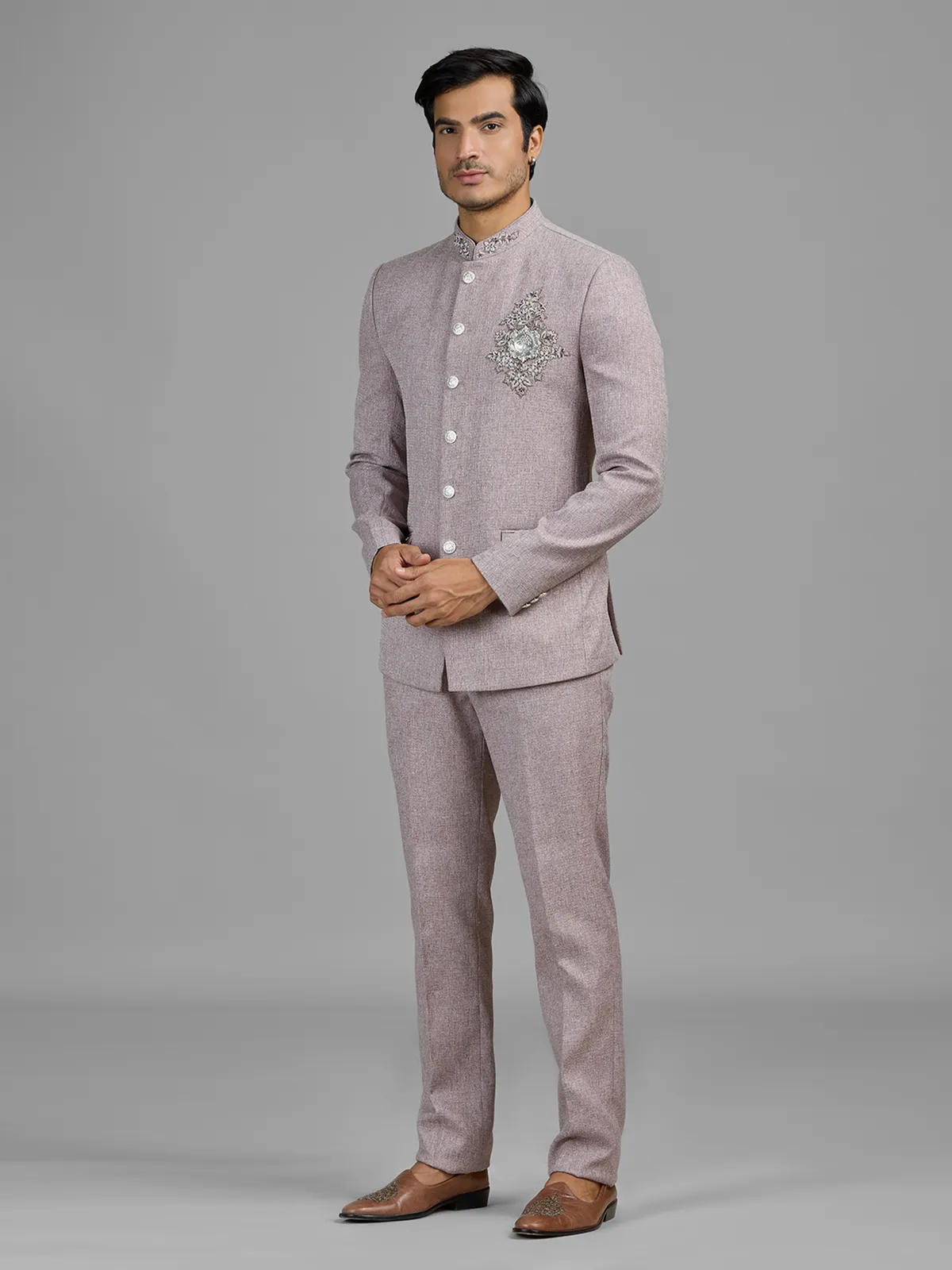 Lilac purple terry rayon jodhpuri suit with embellished crest