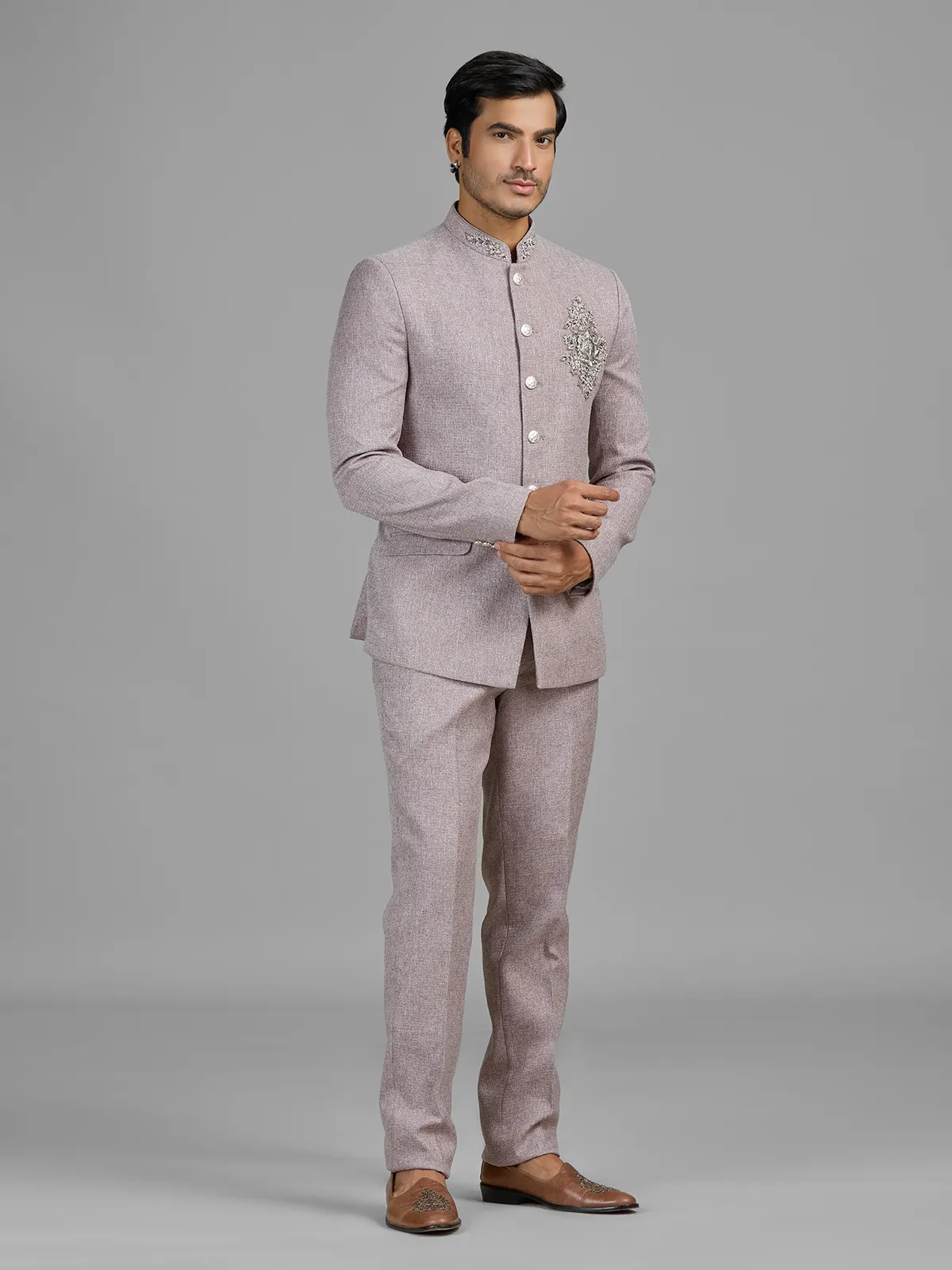 Lilac purple terry rayon jodhpuri suit with embellished crest