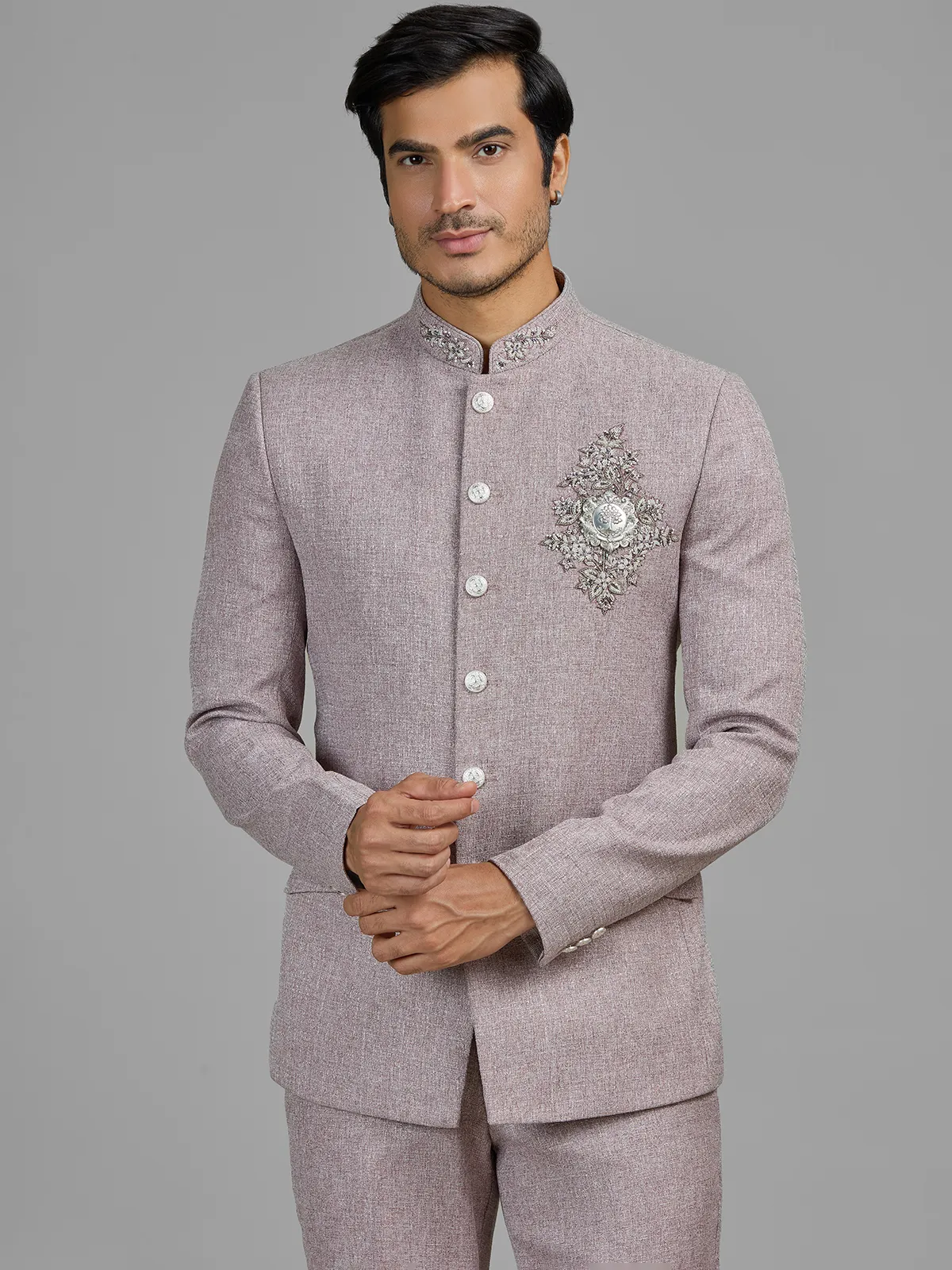 Lilac purple terry rayon jodhpuri suit with embellished crest