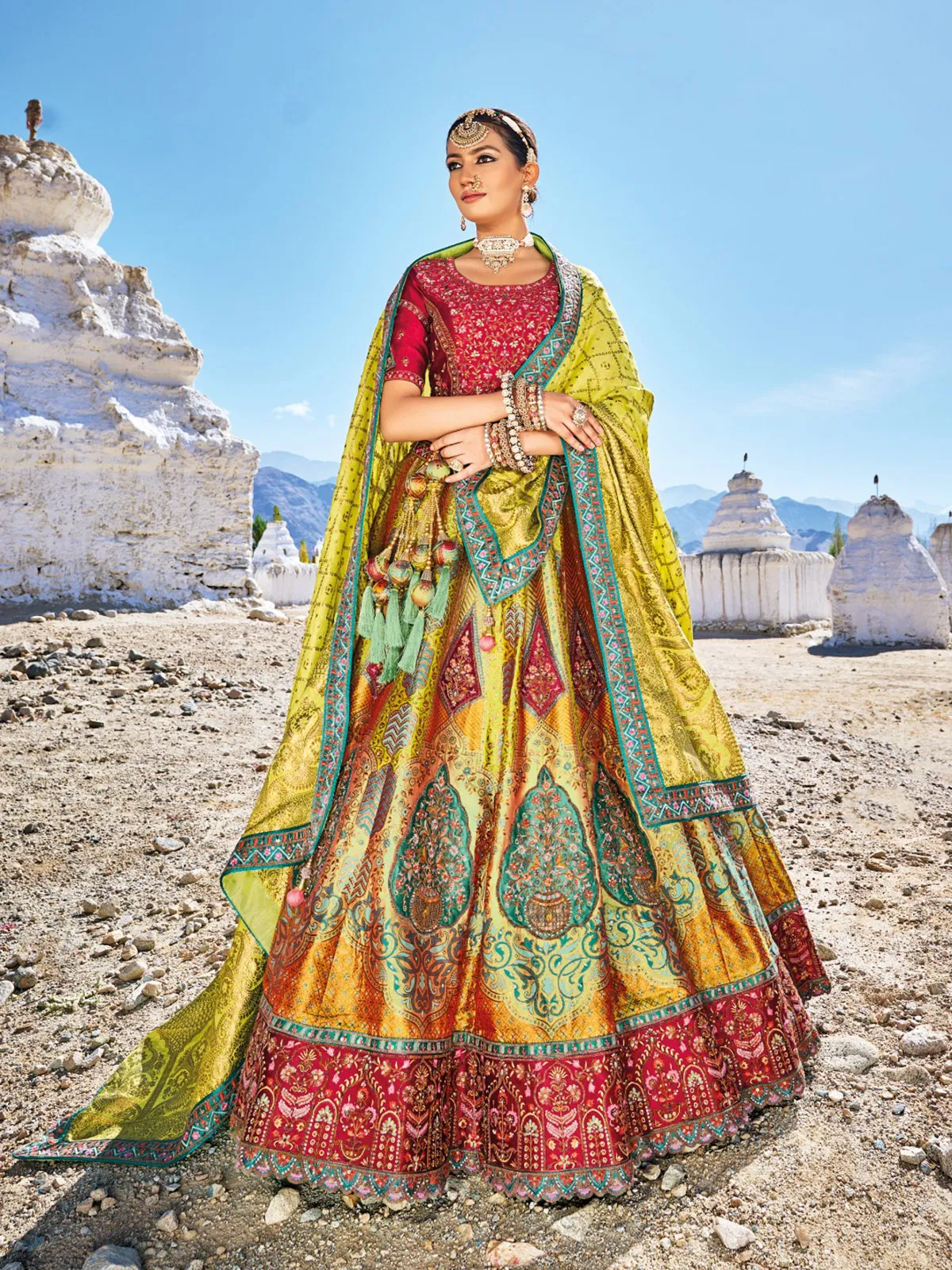 Lime green banarasi silk unstitched lehenga choli