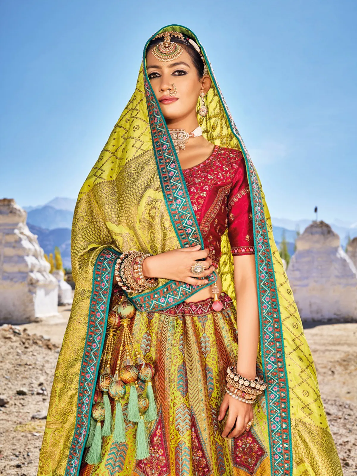 Lime green banarasi silk unstitched lehenga choli