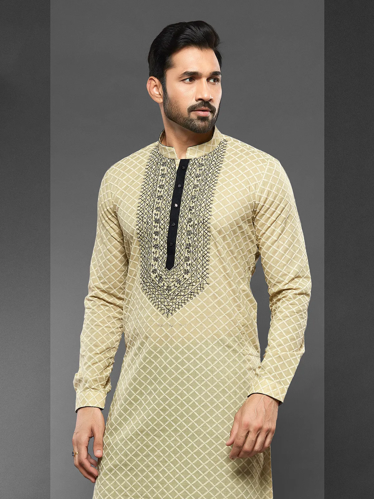 Lime green cotton kurta suit for men