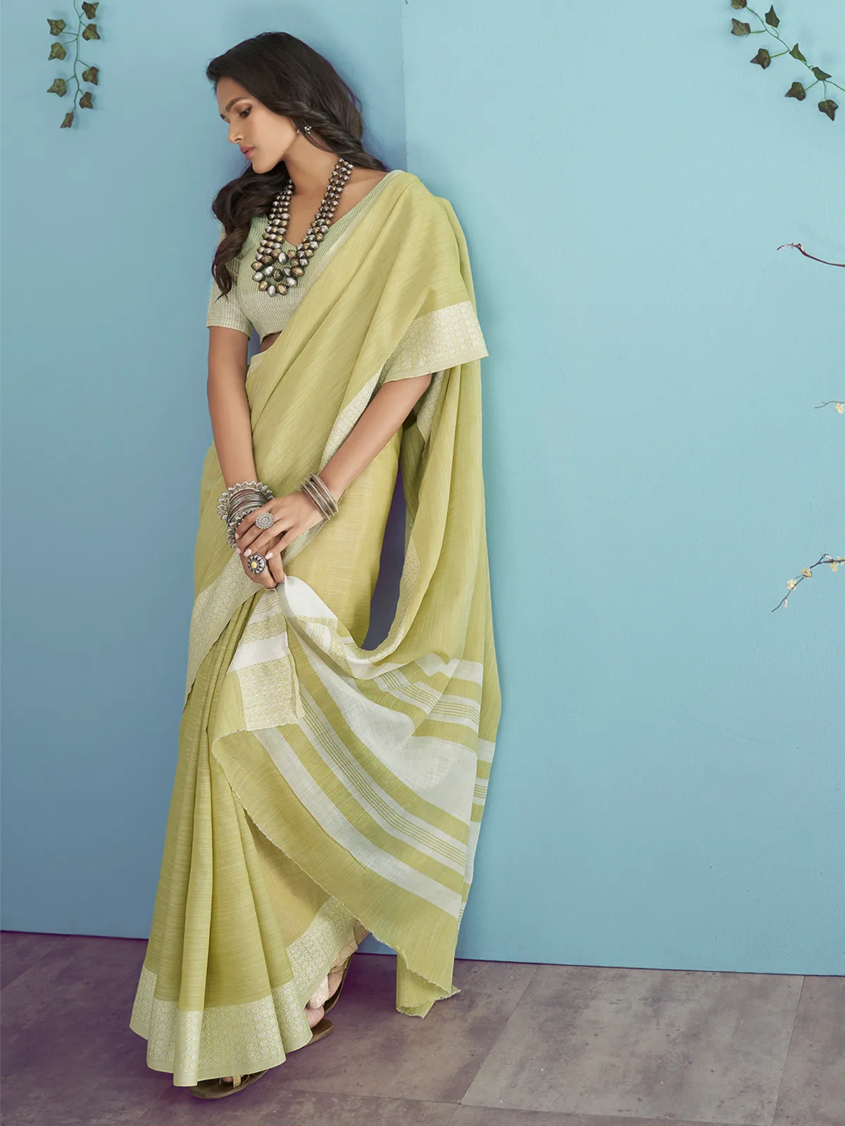 Lime green linen saree