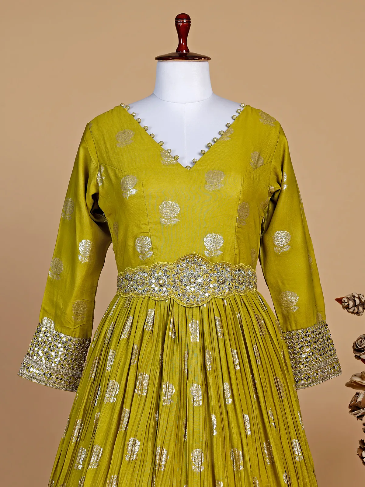 Lime green silk zari work anarkali suit