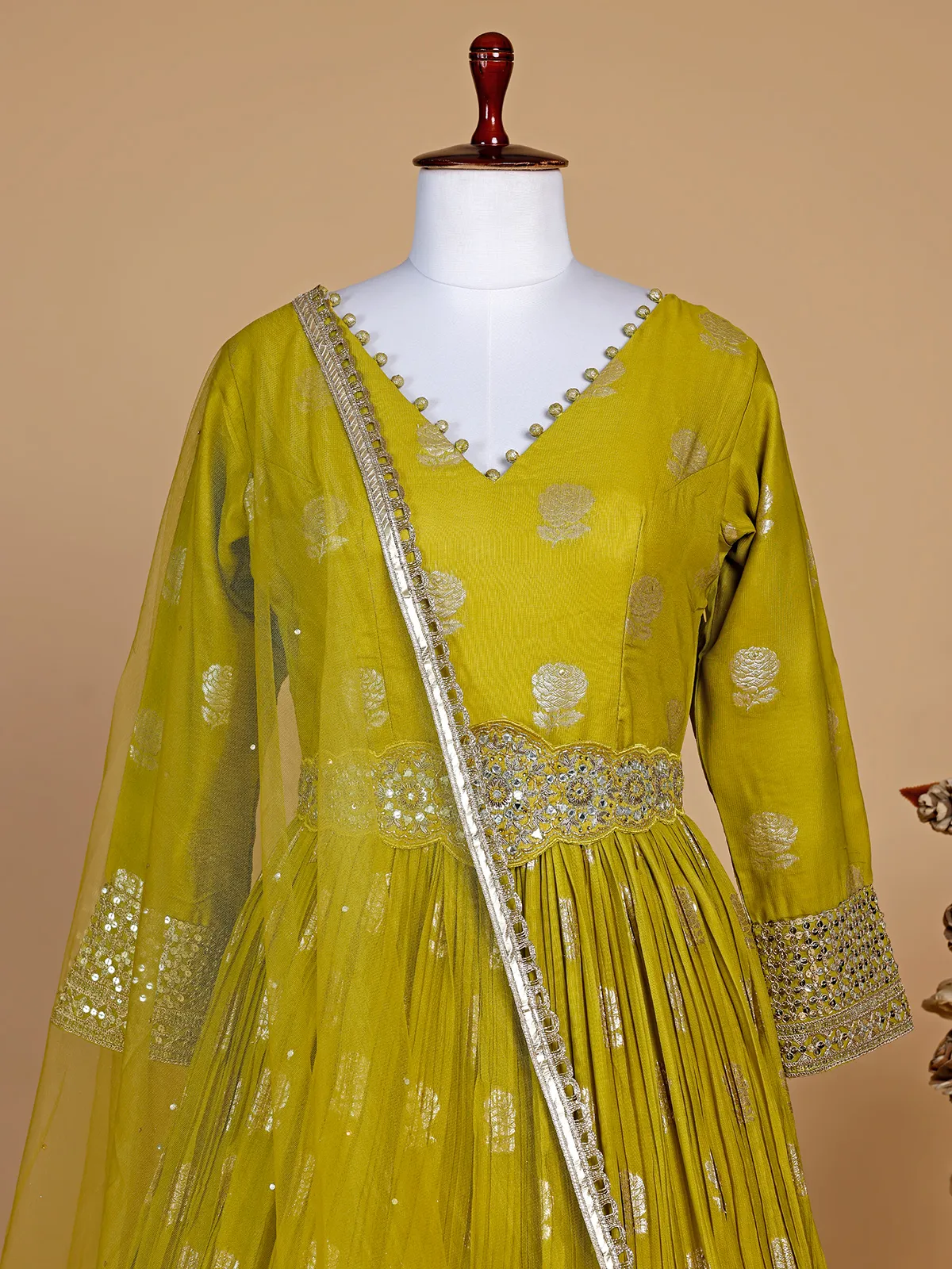 Lime green silk zari work anarkali suit