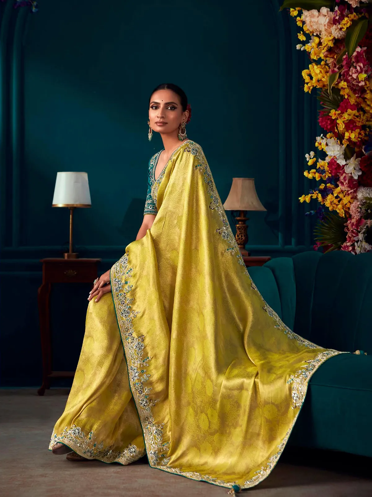 Lime yellow banarasi silk saree