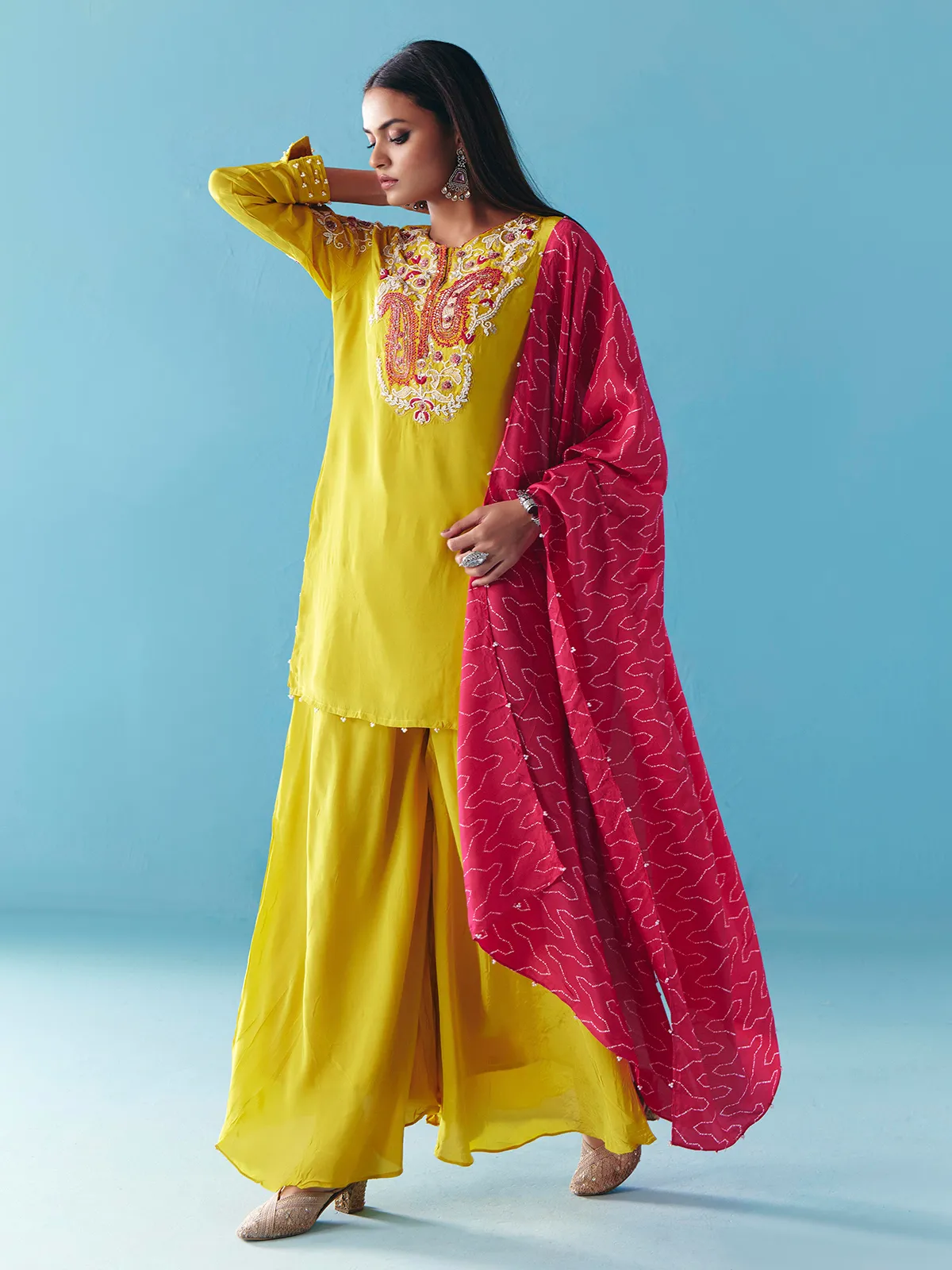Lime yellow silk pakistani palazzo suit with dupatta