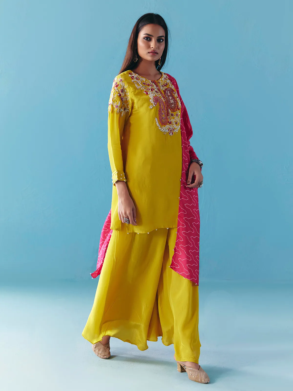 Lime yellow silk pakistani palazzo suit with dupatta