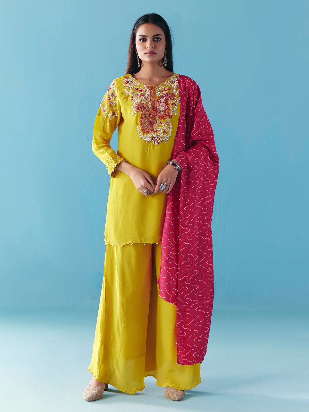 Lime yellow silk pakistani palazzo suit with dupatta