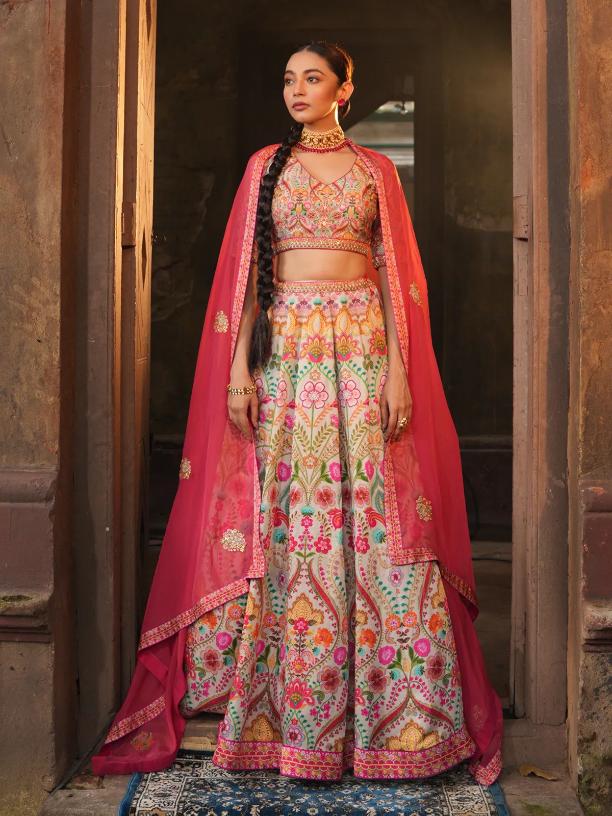 Linen satin off white lehenga choli