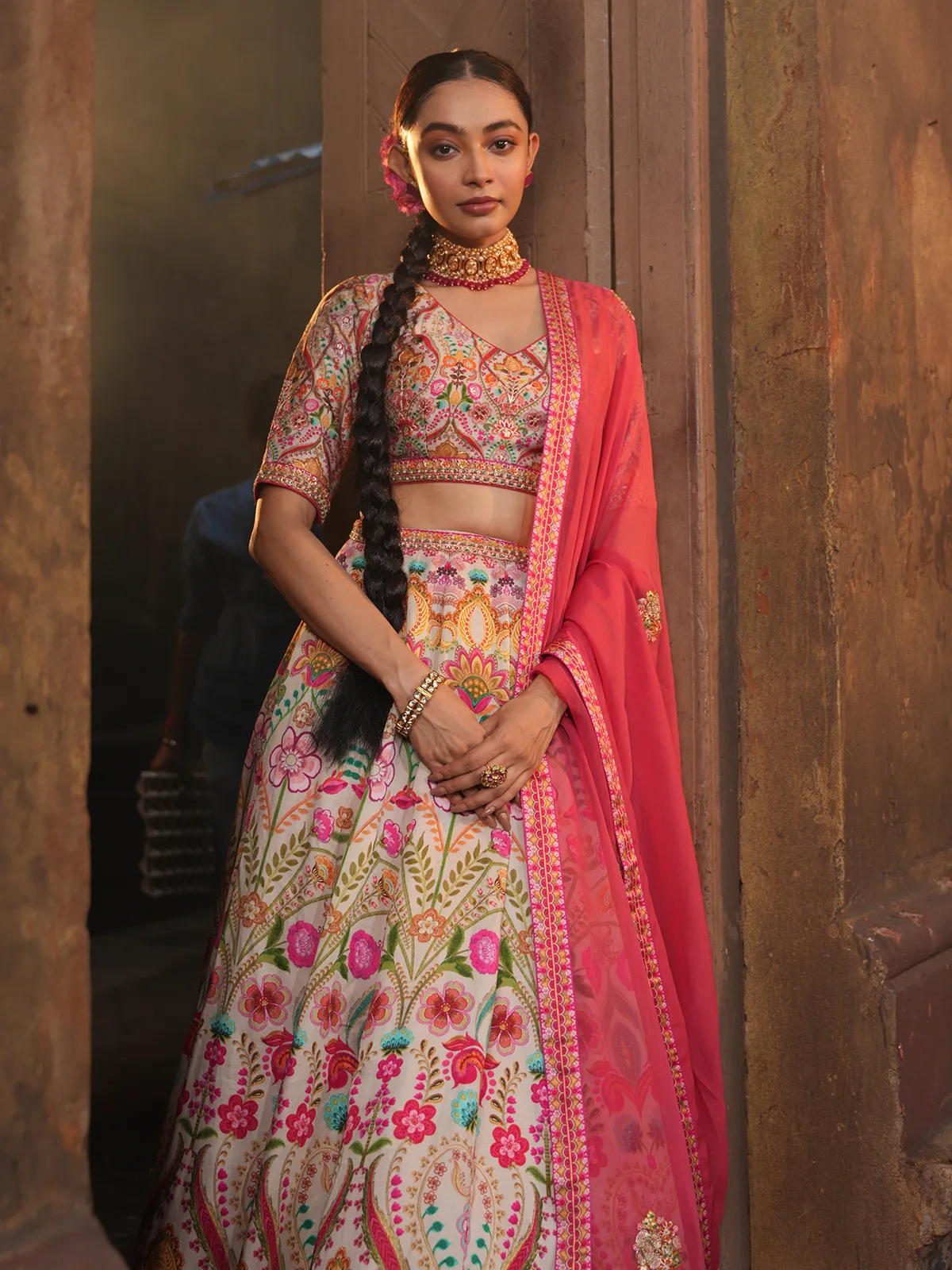 Linen satin off white lehenga choli