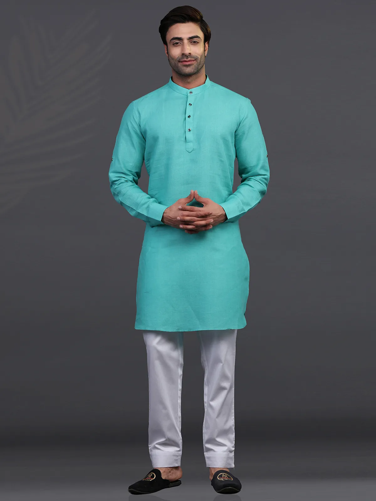 Linen sea green festive kurta suit