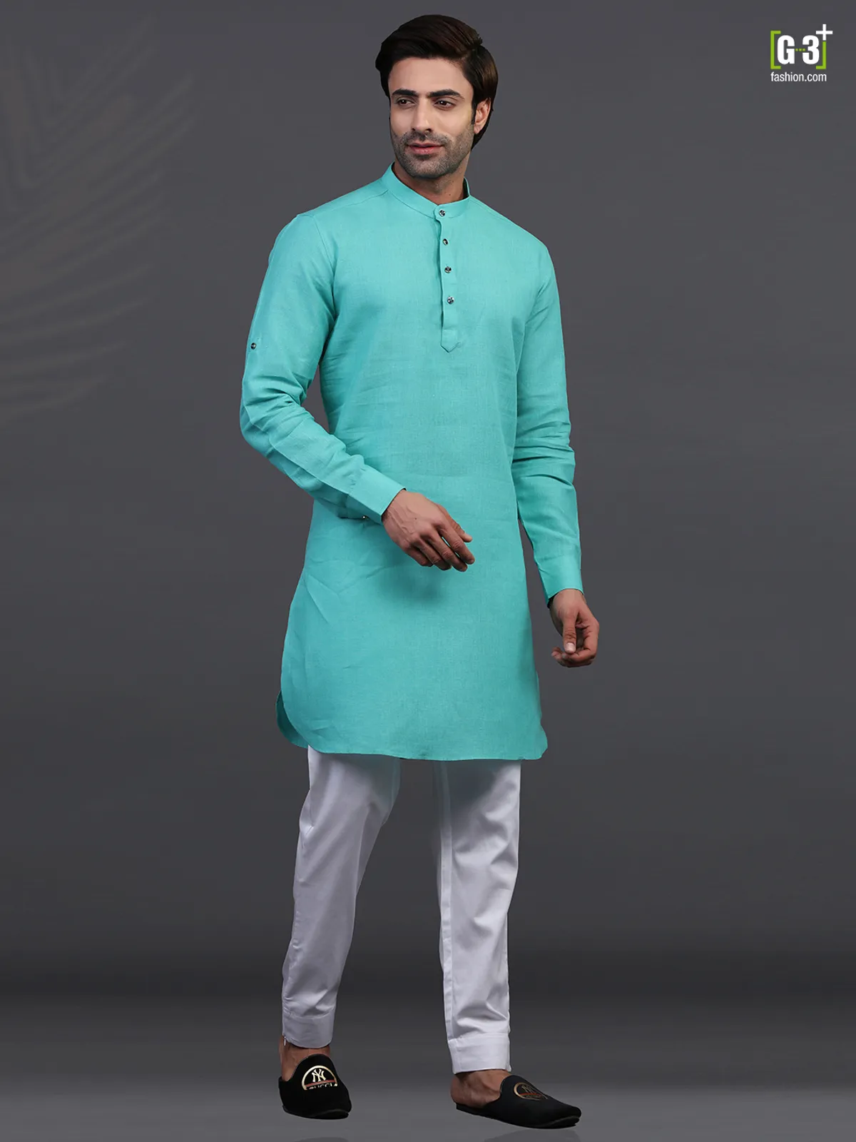 Linen sea green festive kurta suit