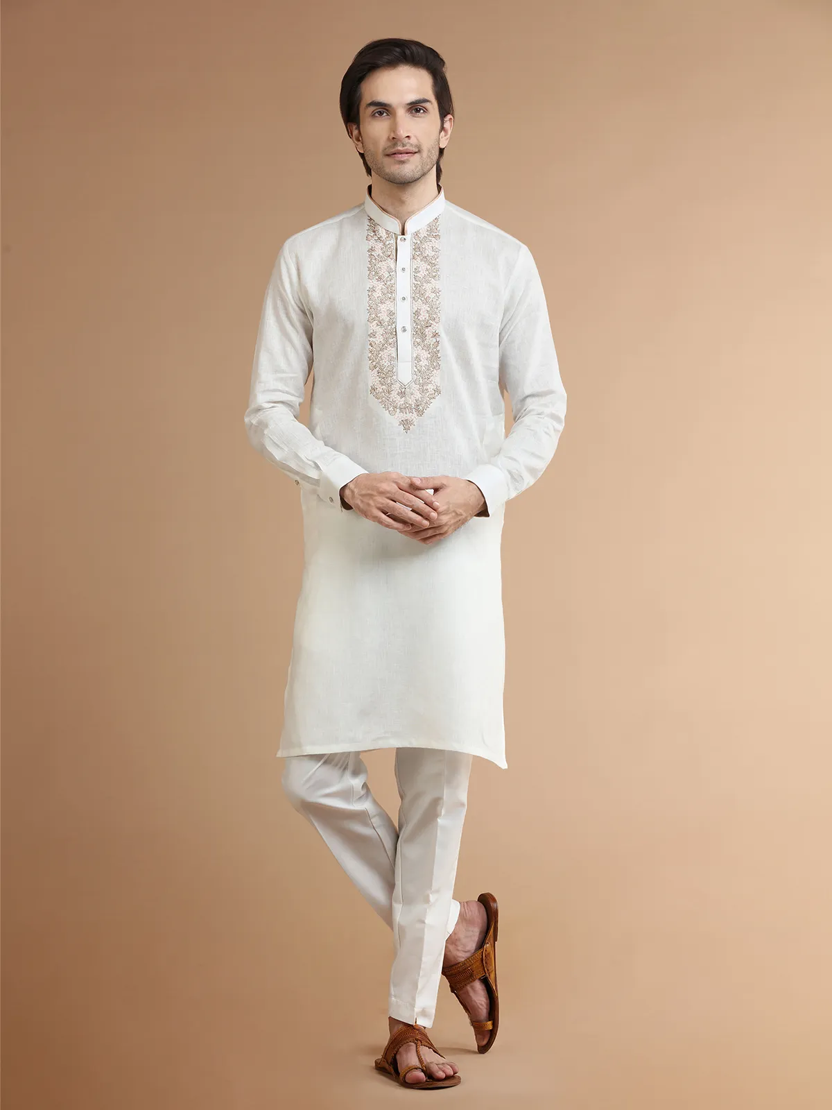 Linen white festive kurta suit