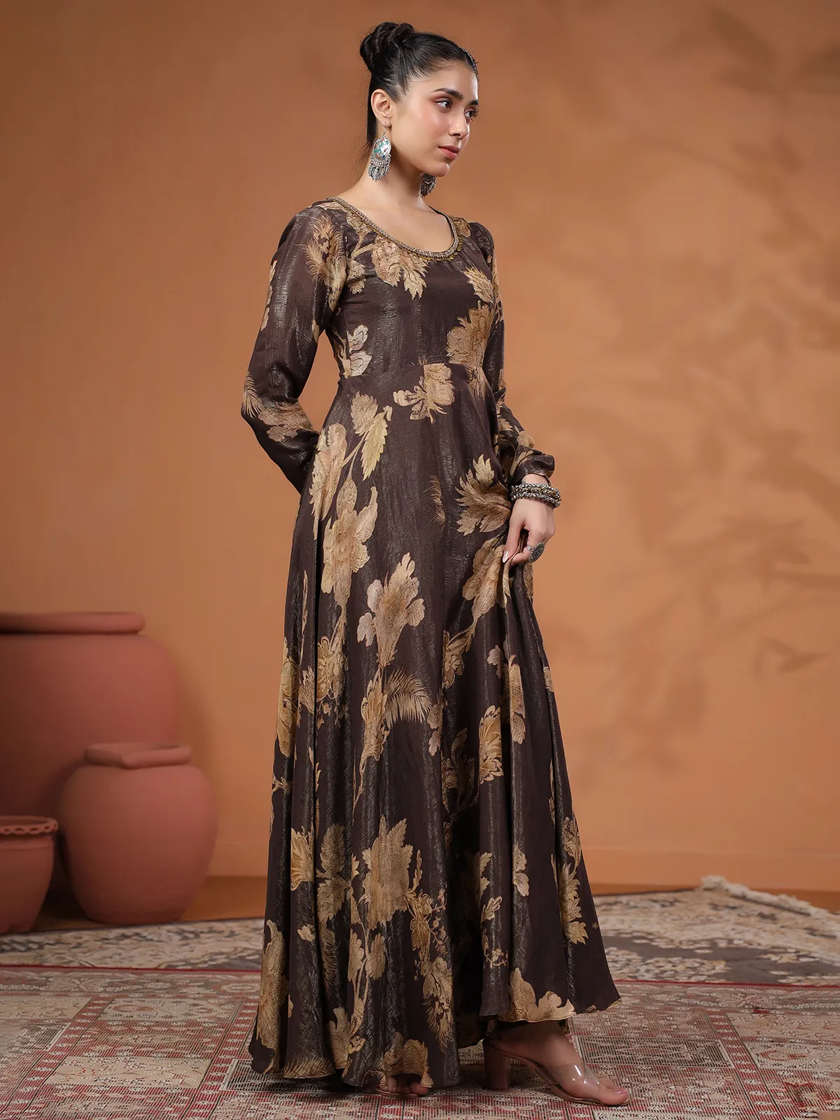 Lovely floor length brown silk printed suit