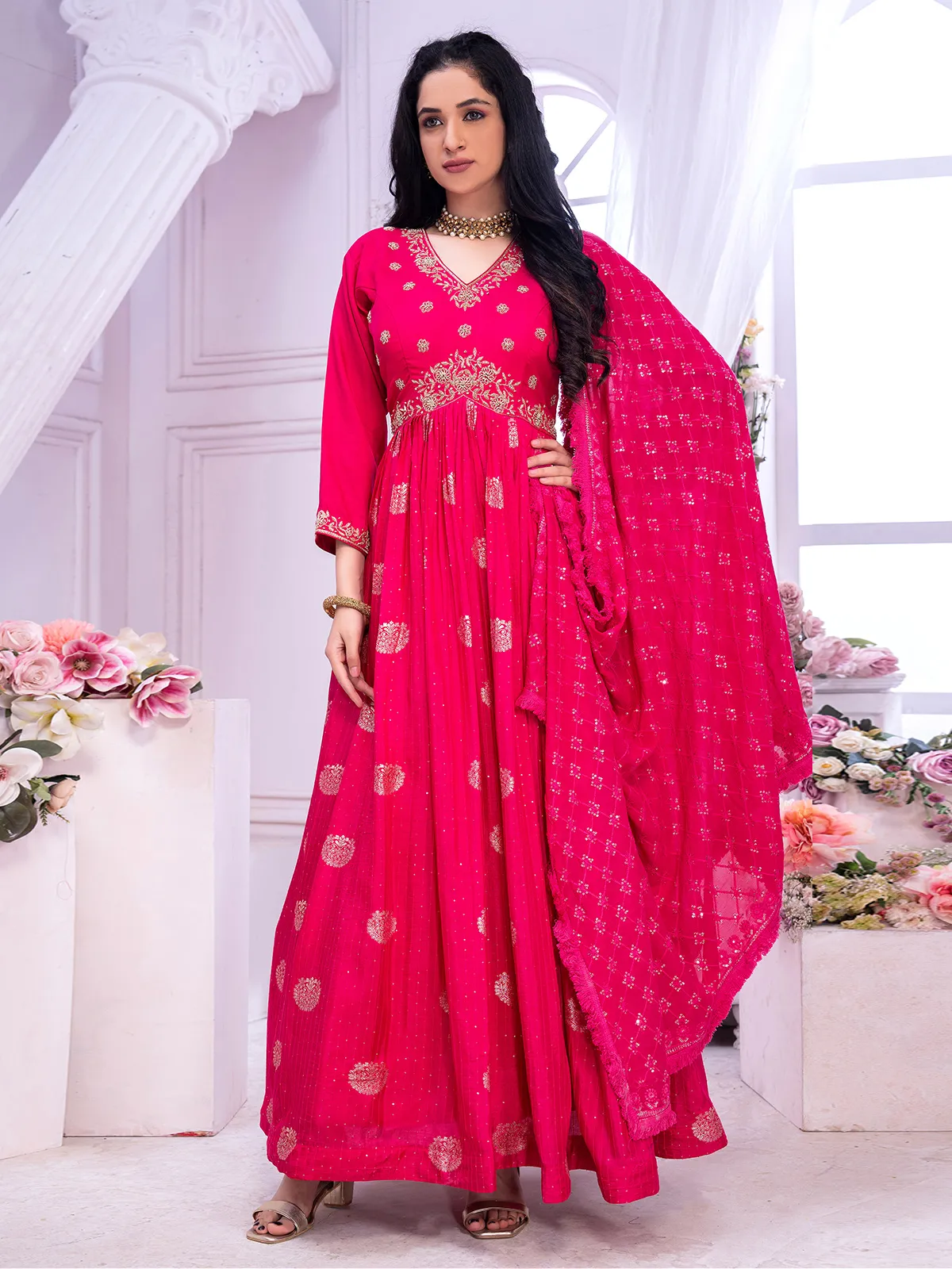 Magenta anarkali suit with lucknowi dupatta