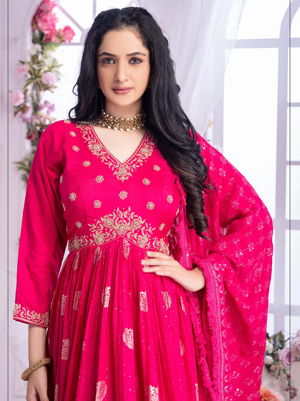 Magenta anarkali suit with lucknowi dupatta