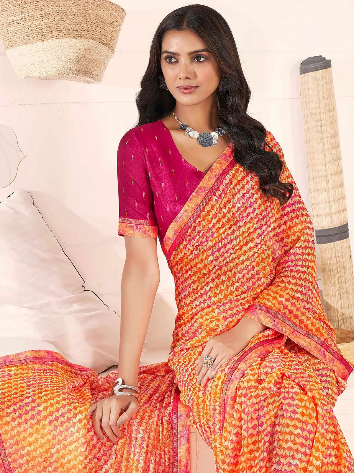 Magenta and orange printed saree