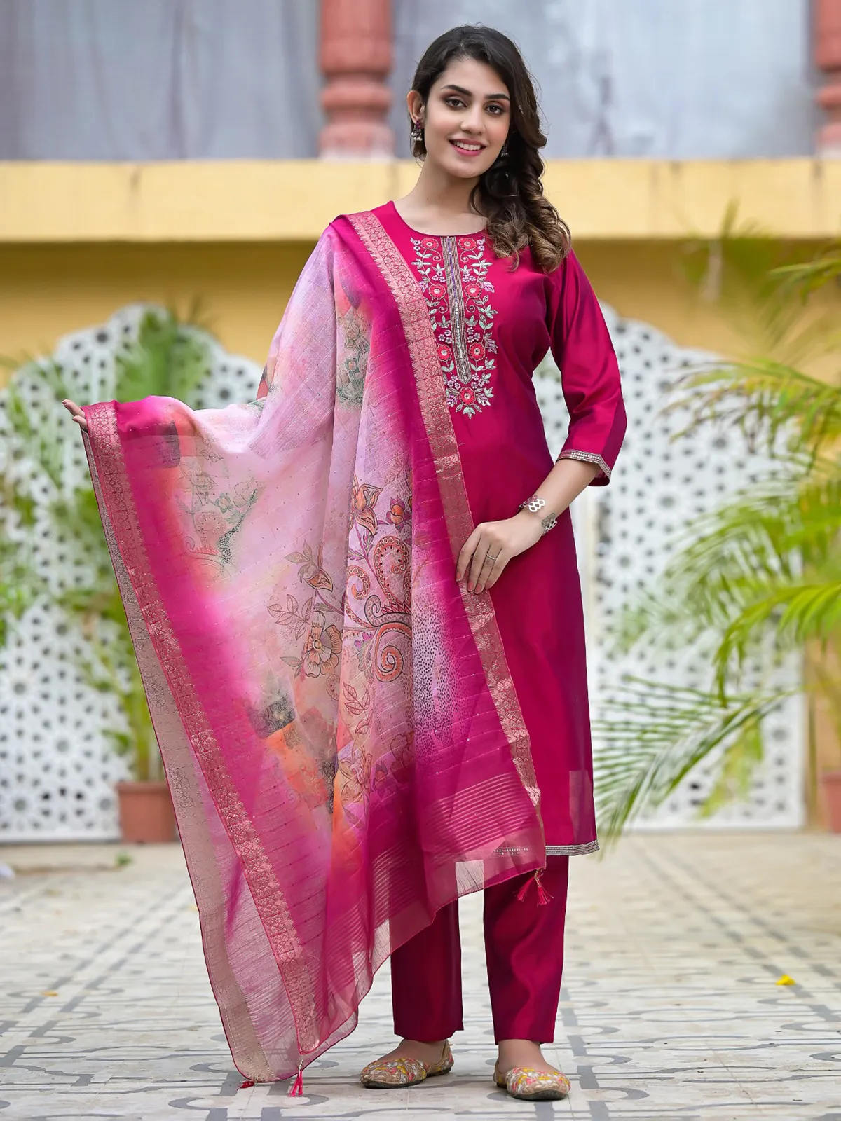 Magenta cotton casual kurti set