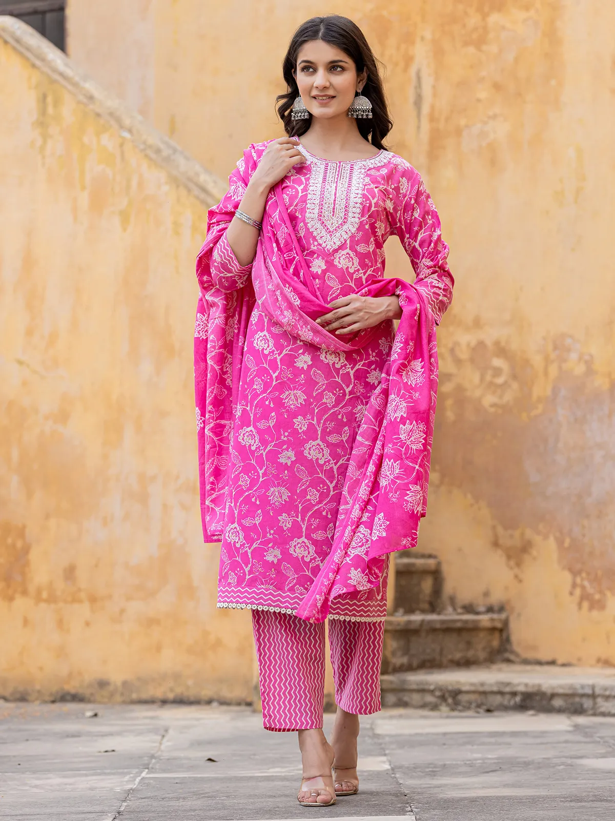 Magenta cotton floral printed kurti set